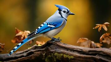 photo de une bleu geai permanent sur une déchue arbre branche à Matin. génératif ai