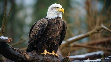 photo de une chauve Aigle permanent sur une déchue arbre branche à Matin. génératif ai