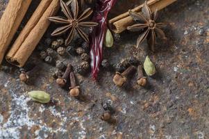 épices et herbes. ingrédients de la nourriture et de la cuisine. bâtons de cannelle, étoiles d'anis, grains de poivre noir, piment, cardamome et clous de girofle sur fond texturé photo