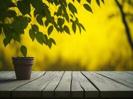 en bois table et brouiller tropical Jaune Couleur arrière-plan, produit afficher montage. haute qualité photo 8k fhd ai généré