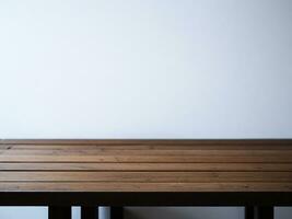 en bois table et brouiller tropical blanc arrière-plan, produit afficher montage. haute qualité photo 8k fhd ai généré