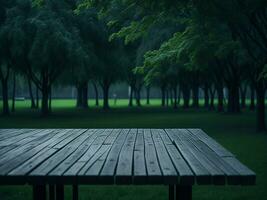 en bois table et brouiller tropical vert herbe arrière-plan, produit afficher montage. haute qualité photo 8k fhd ai généré