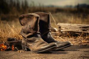 une paire de marron cuir cow-boy bottes dans une Naturel Contexte photo