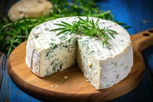 fromage avec moule et herbes sur en bois planche. photo