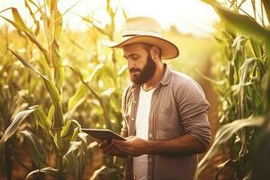Masculin agriculteur en utilisant numérique tablette tandis que en cours d'analyse blé champ photo
