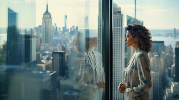 une déterminé femme d'affaires contre paysage urbain gratte-ciel fenêtre réflexion avec côté gauche fond photo