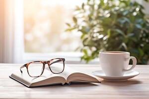 confortable Matin encore la vie avec une blanc café tasse, lunettes, et un ouvert livre sur une rustique en bois table ai génératif photo