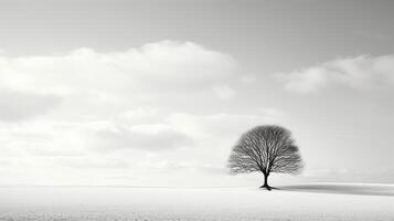 incorporant solitude - monochromatique image de une seul arbre moulage ombres contre une rigide blanc Contexte ai génératif photo