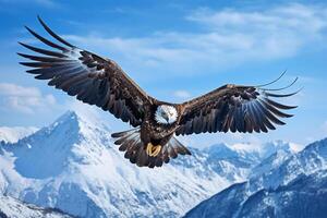 majestueux Aigle planant au dessus une parfait, enneigé Montagne intervalle en dessous de une bleu ciel ai génératif photo