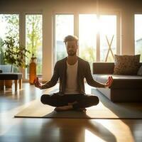 une Jeune homme pratiquant yoga dans une brillant vivant pièce rempli avec serein énergie ai génératif photo