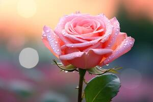 étourdissant macro coup de une embrassé par la rosée Rose dans plein Floraison avec rêveur flou Contexte et copie espace ai génératif photo