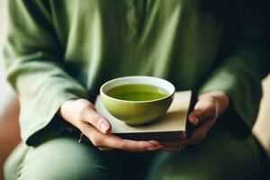 calme scène de mains berceau une vert thé tasse avec une pleine conscience livre proche ai génératif photo