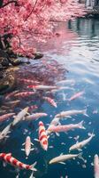 éthéré image de une tranquille koi étang entouré par épanouissement Cerise fleurs ai génératif photo