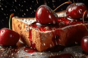 Cerise griller, macro coup de une Frais petit déjeuner avec égouttage Miel, ai généré photo