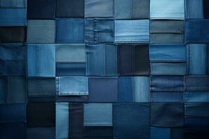 Créatif patchwork de denim textures dans divers nuances de bleu, idéal pour centré sur la jeunesse mode annonces ai génératif photo