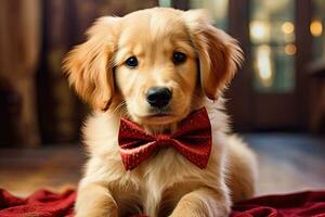 chien portant une rouge arc cravate, génératif ai photo