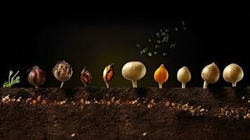 germination des graines de légume sur le Terre dans divers saisons, ai généré photo