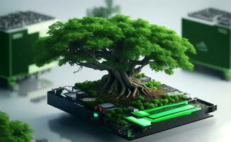 vert arbre croissance sur ordinateur carte mère, génératif ai illustration. photo
