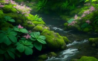 une rivière dans forêt avec beaucoup végétaux, génératif ai illustration. photo