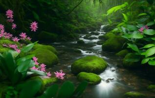 une rivière dans forêt avec beaucoup végétaux, génératif ai illustration. photo