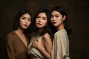 Trois asiatique femmes. produire ai photo