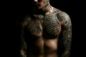 homme tatouages corps affronter. produire ai photo