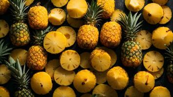 Haut vue de tranché ananas fruit comme texturé Contexte. ai généré photo