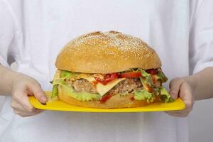 mains tenir une plateau avec une gros Burger. photo