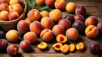 Frais des fruits. abricot, pêche, prunes, nectarines. sur une en bois Contexte. Haut voir. gratuit espace pour ton. ai généré photo