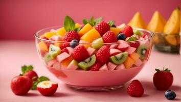 Frais fruit salade sur rose Contexte. ai généré photo