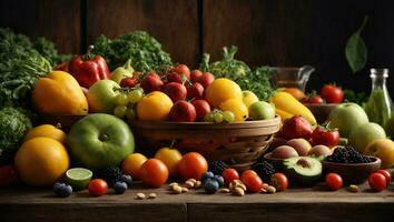 en bonne santé en mangeant Contexte. studio la photographie de différent des fruits et des légumes sur vieux en bois tableau. ai généré photo