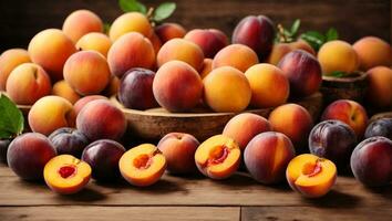 Frais des fruits. abricot, pêche, prunes, nectarines. sur une en bois Contexte. Haut voir. gratuit espace pour ton. ai généré photo