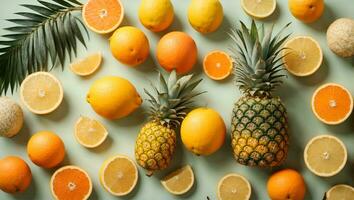 tropical fruit plat allonger avec ananas, des oranges, citron et noix de coco sur une pastel arrière-plan.. ai généré photo
