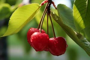 rouge cerises sur le arbre avec sélectif concentrer photo