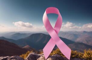 généré par ai image Sein cancer conscience mois rose ruban sur Montagne photo