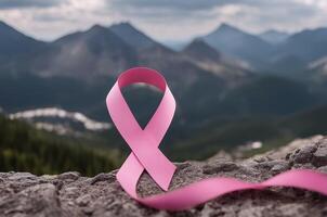 généré par ai image Sein cancer conscience mois rose ruban sur Montagne photo
