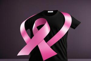 Sein cancer rose ruban sur noir T-shirt. image produire par ai. photo