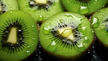 kiwi tranches avec l'eau Contexte. proche en haut, l'eau gouttes. génératif ai photo