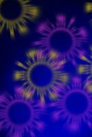 violet et Jaune lumière cercles de projecteurs sur une foncé bleu enfumé Contexte. Contexte pour le affiche. photo