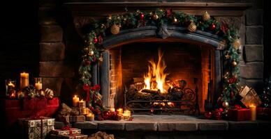 Nouveau années cadeaux par le cheminée, de fête Noël intérieur de une maison avec une Noël arbre - ai généré image photo