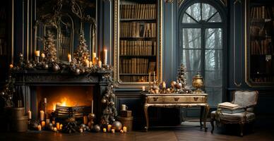 de fête Noël intérieur de une maison avec une Noël arbre et Nouveau années cadeaux par le cheminée - ai généré image photo