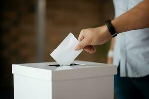 homme en mettant voter boîte. produire ai photo