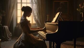 Jeune femme en jouant piano, musicien pratiquant classique la musique à l'intérieur généré par ai photo