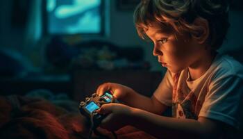 mignonne caucasien garçon en jouant vidéo jeu, souriant dans illuminé chambre généré par ai photo