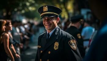 une sur de soi officier dans uniforme, souriant, à la recherche à caméra généré par ai photo