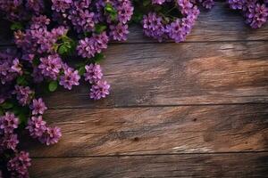 rustique en bois texture complété par une vibrant lilas fleur arrangement. ai généré photo