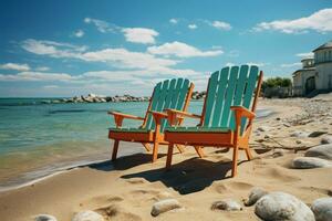 bord de mer loisir chaises sur sablonneux plage sous bleu ciel et ensoleillé éclat ai généré photo