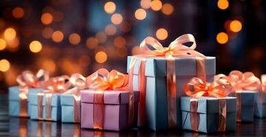 magnifique Noël cadeau boîte sur brillant bokeh Contexte - ai généré image photo