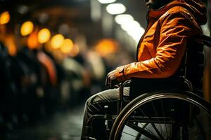 proche en haut vue homme dans fauteuil roulant détient roues, représentant force et aptitude en dépit handicap ai généré photo