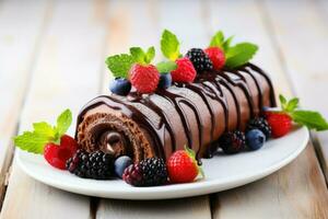 Chocolat gâteau rouleau repas. produire ai photo